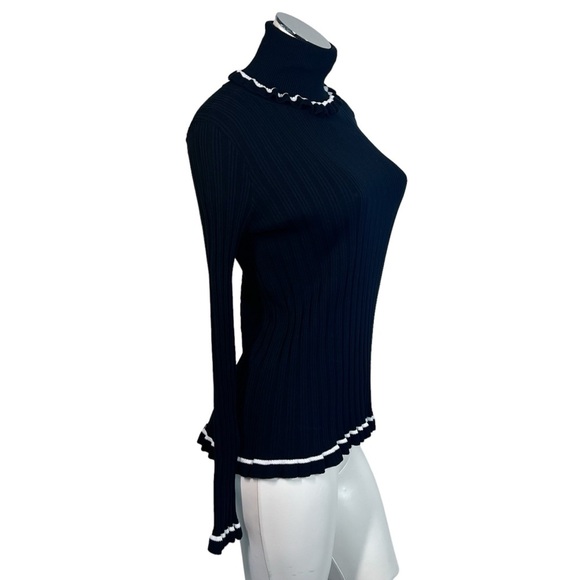 KATE SPADE Black Ribbed Turtleneck With White Ruffled Trim Women's Size M - Picture 11 of 12